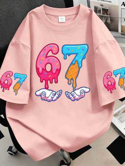 Áo thun nữ in hình hoạt hình kem "67" ngộ nghĩnh, kiểu dáng thời trang mùa hè dành cho nữ.