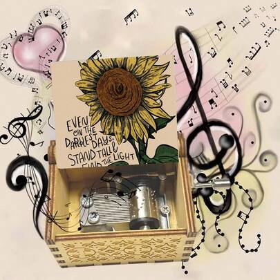 复古向日葵木质音乐盒，手摇式，播放“你是我的阳光”旋律，“昂首挺胸，寻找光明”，无需电池，可作家居装饰和励志礼物。