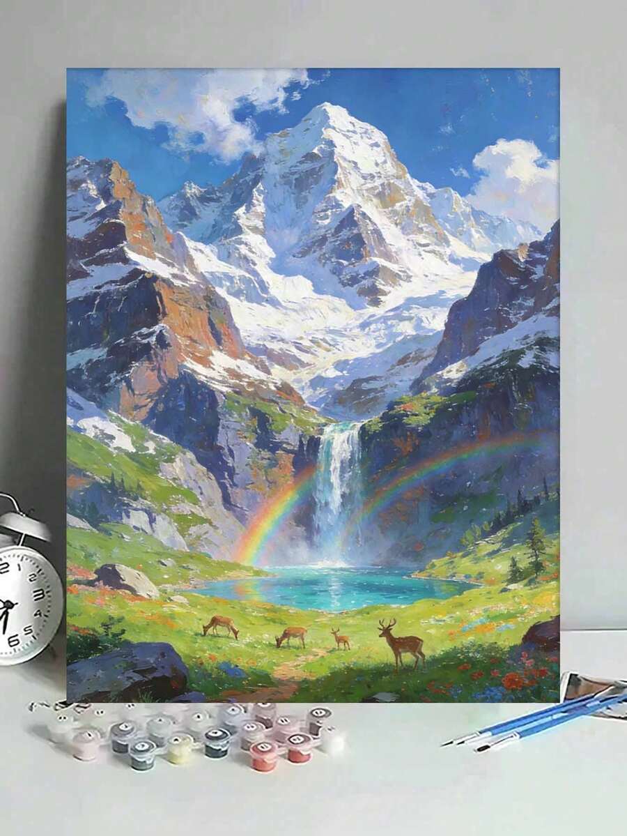 山峦瀑布彩虹风景鹿DIY数字油画帆布画工艺品成人家居装饰40x50厘米/16x20英寸节日礼物 - 40*50厘米 - 查看 1