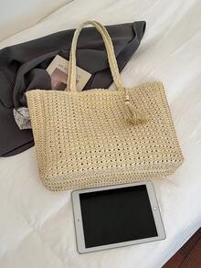 Túi đi biển bằng rơm mùa hè, túi tote dung tích lớn, giỏ đựng đồ tạp hóa, túi xách tay, kiểu dáng nghỉ dưỡng, đơn giản và đa năng, thiết kế nhiều ngăn, phù hợp để đựng váy, mua sắm, du lịch, cất đồ, túi đan lát. - Màu be - Xem 6