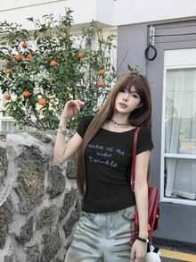 Women's Off Shoulder Short Sleeve T-Shirt With Letter Print, Summer - Black - View 4