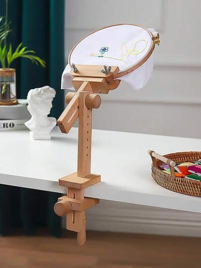 1pc Solid Wood Cross Stitch Frame, Desk Embedded Design, Multi-Functional Rotatable DIY Embroidery Holder, Stable Wide Clamp Board, Easy Assembly, Suitable For All Embroidery Angles, Comes With 1 Embroidery Hoop, Suitable For Adults Needlework