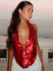 Women Halter Neck Sequin Tank Tops Sparkly Glitter Backless Cowl Neck Drape Front Camisoles Plunge Vests Summer Sleeveless Deep V-Neck Party Tops Vacation Beachwear Mermaid Costumes Clubwear - 紅色 - 查看 1