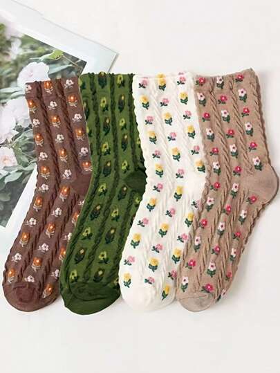4双可爱复古碎花图案甜美美感女士船袜，春夏款