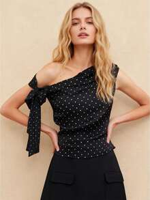 Women Tank Tops Off One Shoulder Sleeveless Dot Print Ruched Summer Crop Going Out Vest - Black - View 1