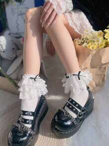 1 Pair Cute Lolita Lace Bow Women Socks Christmas Gift - 白色 - 查看 3