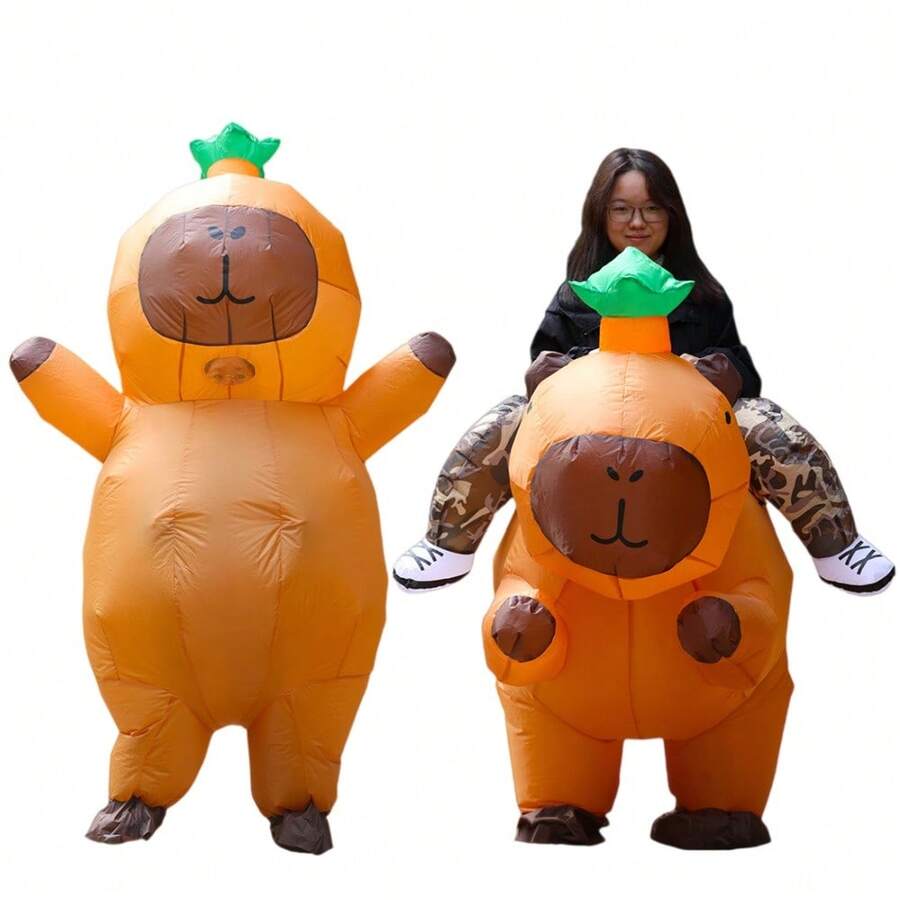 成人骑行站立绿色帽子Sub Kapibala充气服，网络名人搞笑海豚卡通玩偶服装，派对表演道具