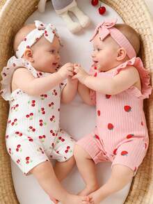 Bộ 4 món đồ dễ thương cho bé gái, kiểu dáng giản dị và thời trang, mềm mại và thoải mái, gồm áo liền quần và băng đô dệt kim họa tiết dâu tây và anh đào, phù hợp cho bé gái sơ sinh, mặc hàng ngày, đi nghỉ mát, dự tiệc, chụp ảnh, hoạt động ngoài trời, mùa hè. - Nhiều màu - Xem 3