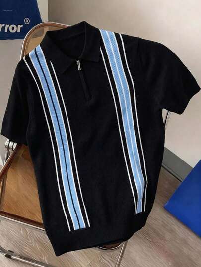 Men's Summer Polo Collar Striped Contrast Color Short Sleeve Knit Zipper Casual Versatile Sweater