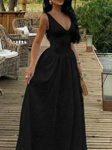 Elegant Floral Bud Dress, Suitable For Vacation, Commute, Romantic Date, Daily Wear, And Wedding Guest Black Summer - Black - View 5