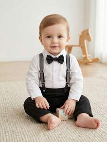 BOARNSEORL 两件套男婴绅士套装 - 白色长袖衬衫配领结和黑色背带裤，时尚百搭，适合生日派对、活动、周年纪念、婚礼等场合。 - 黑色 - 查看 2