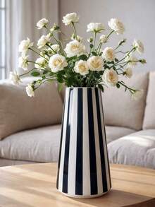 1pc Black & White Striped Plastic Planter, Minimalist European Style Cylindrical Flower Pot, Suitable For Living Room, Bedroom Or Tabletop Decor - Cylindrical Stripes - View 8