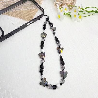 黑色蝴蝶结手工串珠手机挂绳钥匙扣配件DIY链条腕带吊坠包包挂饰，新款挂绳腕带CCD相机钥匙扣串珠手机挂绳，串珠手机挂绳装饰，便携式链条防丢手机壳挂绳