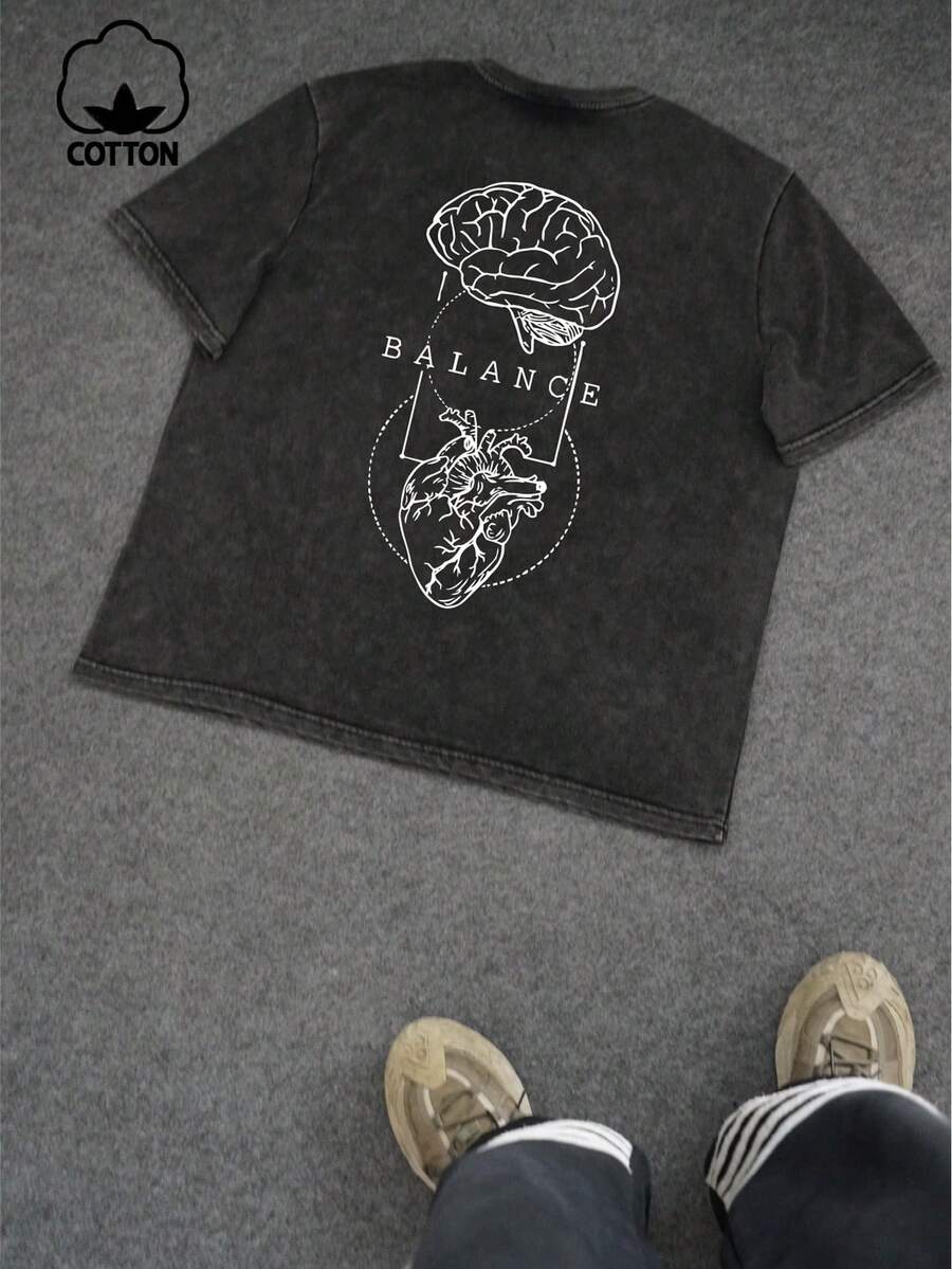 Plus Size Men's Summer BALANCE English Graphic Print Casual Washed Short Sleeve T-Shirt - Black - View 1