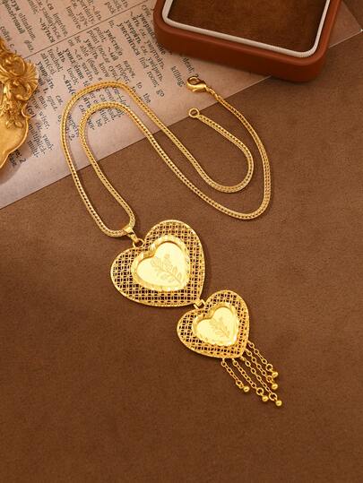 1pc Middle Eastern Saudi Arabia Ramadan Style Gold-Plated Copper Laser Cut Heart Pendant Necklace, Gift For Family And Friends