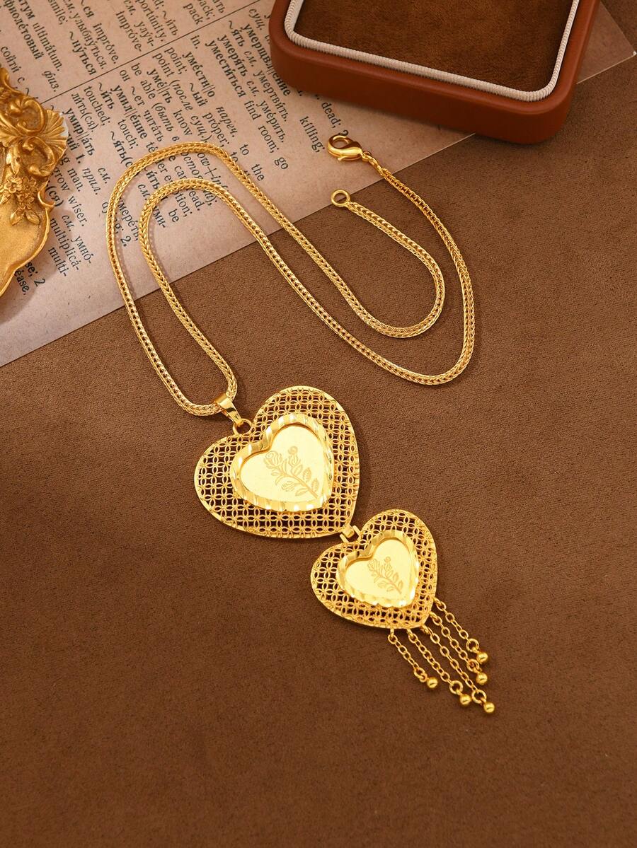 1pc Middle Eastern Saudi Arabia Ramadan Style Gold-Plated Copper Laser Cut Heart Pendant Necklace, Gift For Family And Friends - Yellow Gold - View 1