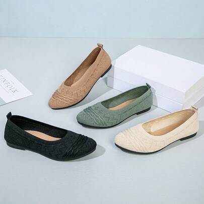 Women's Solid Color Knit Flat Shoes, Casual Versatile Slip-On Loafers, Pointed Toe Breathable For Daily Wear And Commuting