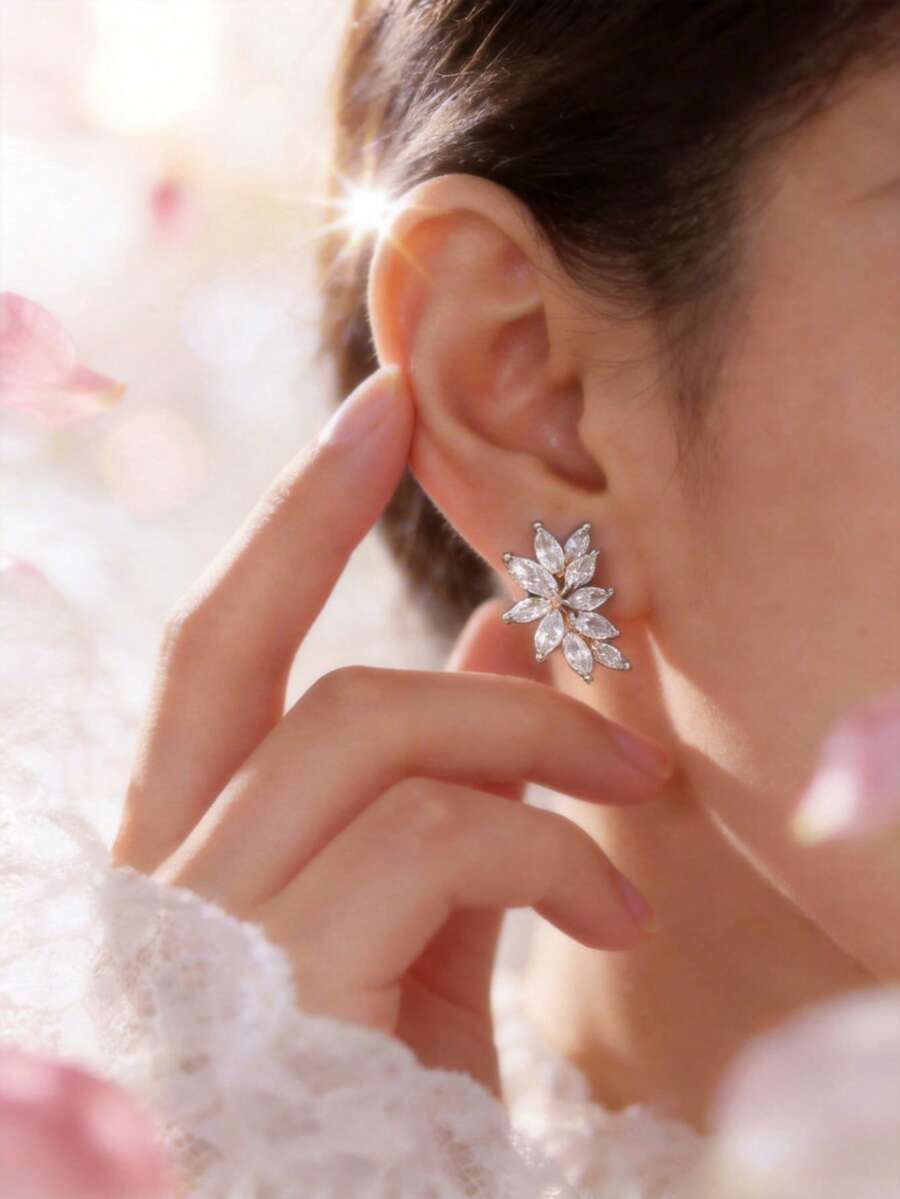 闪亮锆石新娘及伴娘耳环 - 銀色 - 查看 1