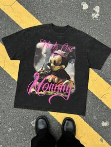 Disney Distressed Art Style Graphic T-Shirt, Summer Vintage Washed 230g Heavyweight Short Sleeve - Black - View 1