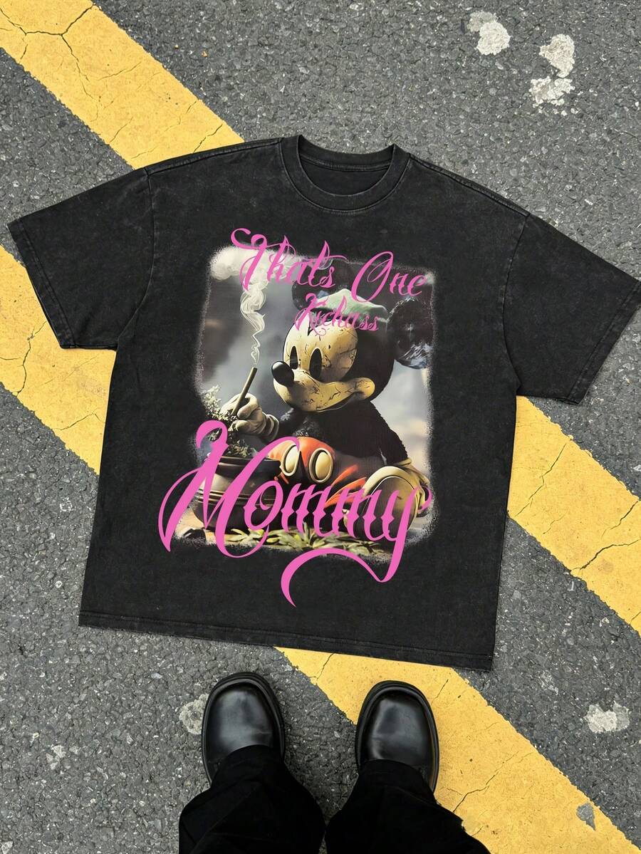 Disney Distressed Art Style Graphic T-Shirt, Summer Vintage Washed 230g Heavyweight Short Sleeve - Black - View 1