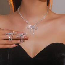 3pcs Set Crystal Rhinestone Butterfly Necklace & Earrings Set, Women's Sparkling Zirconia Silver Butterfly Earrings, Bridal Wedding Party Jewelry Accessories, Eye-Catching Valentine's Gift - Silver - View 3