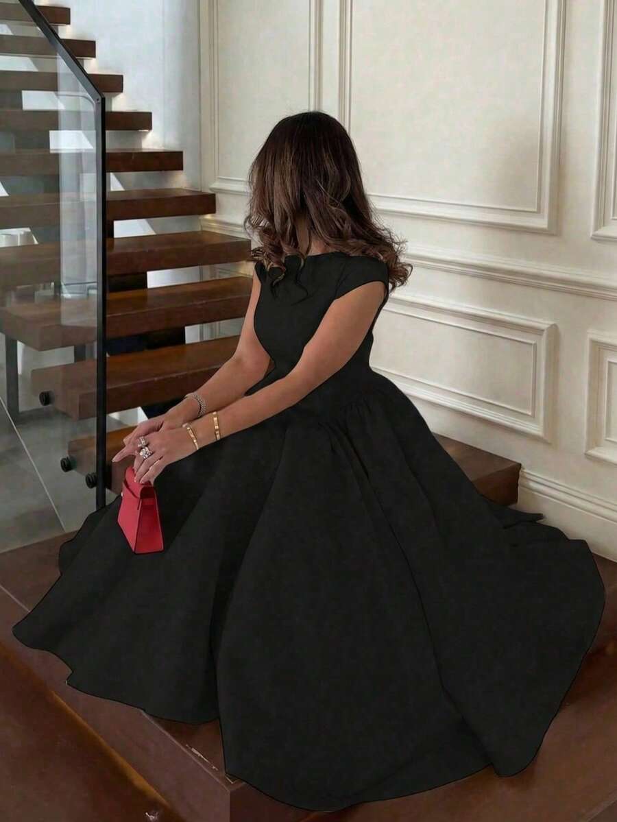 优雅简约时尚休闲复古喇叭短袖纯色褶皱拉链女长连衣裙,适合晚宴、度假、上学、办公、海滩、夏季等场合,黑色 - 黑色 - 查看 1