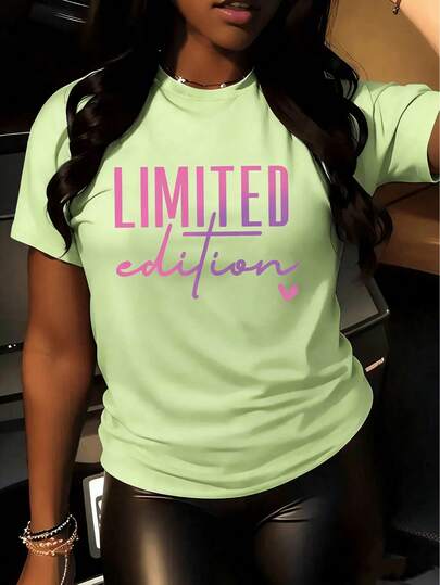 Plus Size-Limited Edition Women's T-Shirt, Pink And Purple "Limited Edition" Letter Print - Soft Elastic Polyester, Round Neck Short Sleeve Casual Top, Pink And Purple Gradient Design, Suitable For Daily Wear And Special Occasions