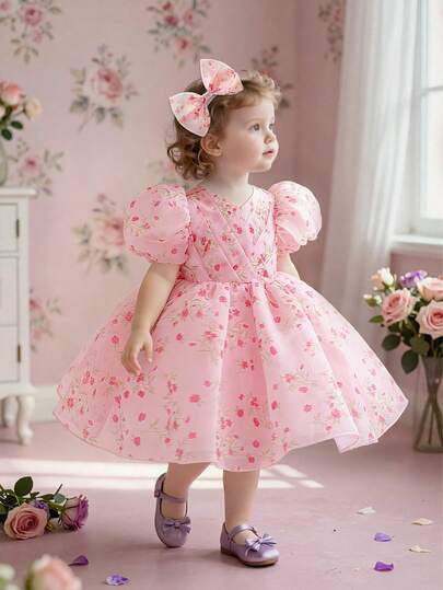 Baby Girls' Puff Sleeve Floral Print Bow Organza Cute Flower Girl Wedding Party Princess Dress, Suitable For Wedding, Birthday, Photo Shoot, Fabric & Floral Pattern May Vary
