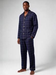 Snug League 男士格子针织睡袍套装（含裤子），2件套，透气吸湿，适合春秋季和秋冬季穿着。 - 藏蓝色 - 查看 4