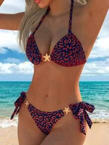Women's Fashion 2-Piece Bikini Set, Star Decor And Leopard Print High Elasticity Beach Outfit Vacation Summer - Retro Red and Navy Blue - View 3