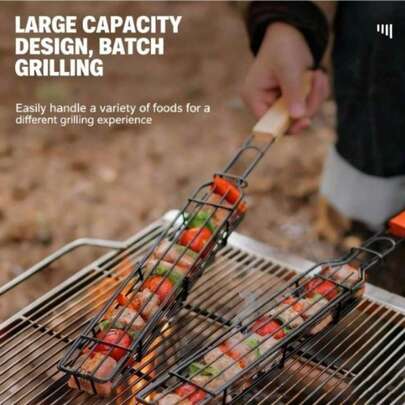 49cm X 4.5cm Parrilla de barbacoa rectangular, adecuada para acampada al aire libre, fiestas familiares, barbacoas en el jardín, con mango de madera largo para evitar quemaduras