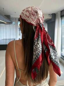 1PC Women's Red & White Paisley Printed Bandana, 90CM Large Satin Square Scarf, Silk-Feel Hair Wrap, Stylish Headscarf For Women, Elegant Hair Accessory For Casual & Formal Wear - 海軍藍 - 查看 10