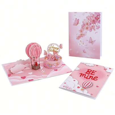 1 pieza Tarjeta de felicitación de cumpleaños con pastel de mariposa 3D, Tarjeta de felicitación del Día de San Valentín con globo aerostático, decorada con flores de cerezo, mariposas, globos aerostáticos y nubes, viene con un sobre de perlas.