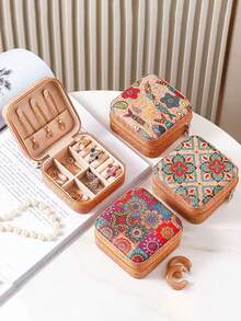 1pc Retro Printed Mini Jewelry Box, Can Store Earrings, Rings, Necklaces, Travel Storage Box, Elegant Printed Jewelry Box - Multicolor - View 3
