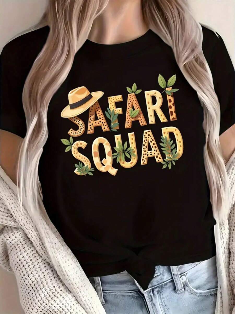 SAFARI SQUAD Women'S Oversized Safari Graphic T-Shirt - African-Inspired & Elephant Print, Short Sleeve Round Neck Casual Top, Loose Fit All-Season Comfort, & Golden Lettering For Casual Attire & Safari-Themed Outfits - 黑色 - 查看 1