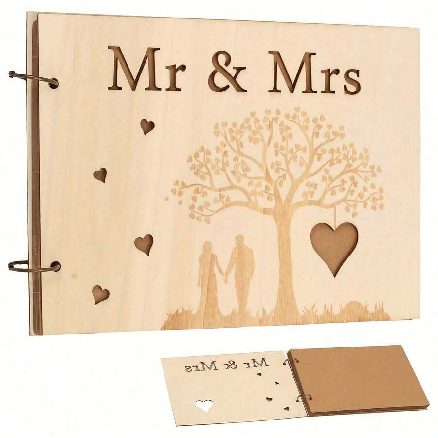 1本木质婚礼宾客签名册，可个性化刻字，亦可用作婚礼相册、结婚礼物、新郎新娘签到簿，适用于结婚纪念日、新郎新娘订婚等场合，共10页。 - 先生和夫人 - 查看 1