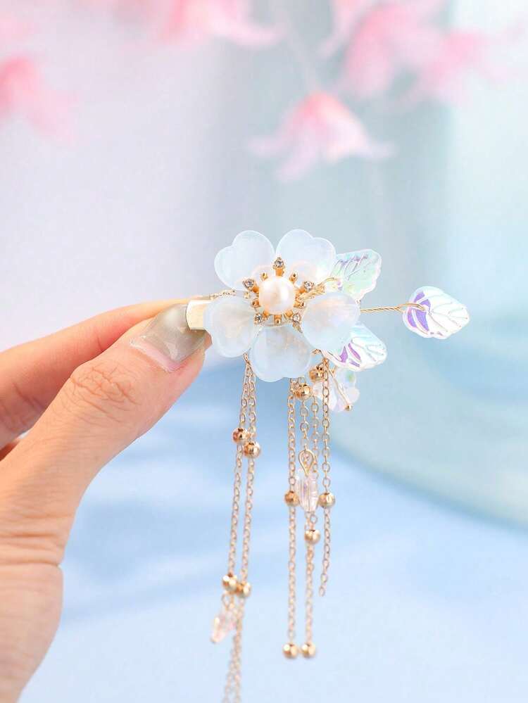 2 piezas Clips para el cabello con borlas y flores de granado al estilo chino, lindos y dulces, regalo para mujeres, adecuados para uso casual diario, verano, vacaciones y viajes - Celeste - Añade 4