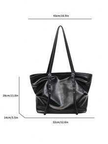 1个女士纯色PU单肩手提包，大容量复古扇形手提包，适合办公、通勤、购物、旅行 - 黑色 - 查看 2