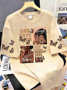 Plus Size Portrait & Slogan Printed Round Neck Short Sleeve T-Shirt, GOD SAYS I AM UNIQUE LOVED STRONG IMPORTANT SPEC BELIEVE IN YOURSELF Graphic Tee, Women Summer Top Casual - Beige - View 3