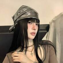 1pc Retro Chic Black Headband Headscarf, Elegant Versatile Triangular Scarf, Leather-Like Material - Multicolor - View 3