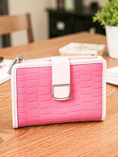 محفظة نسائية قصيرة بألوان متباينة ومرقعة، حامل بطاقات متعدد الوظائف بطبعة تمساح عصرية، محفظة عملات كبيرة السعة مع إغلاق بزر أنيق، هدية عملية وأنيقة للطلاب الشباب