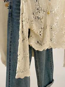 女士透视镂空针织开衫，短款V领，常规袖，不对称下摆，轻薄上衣，夏季沙滩罩衫 - 杏色 - 查看 3