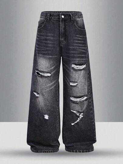 Quần jeans denim cotton dáng rộng dành cho nam, thiết kế rách rưới, túi xéo, ống dài, màu đen trơn, phong cách Y2K, trang phục thường ngày.