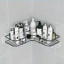 1pc No Drill Bathroom Wall Mounted Storage Rack, Shower Supplies Organizer, Multi-Function Bathroom & Kitchen Utensils Holder - Black - View 8