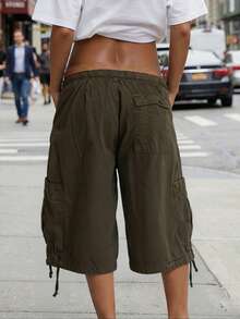 Womens Baggy Mid Jeans Y2k Cargo Jeans Casual Drawstring High Waist Denim Cargo Pants With Pockets Streetwear - 軍綠色 - 查看 3