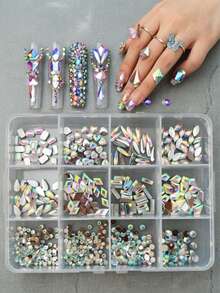 1 Box 12-Grid Flatback Glass Rhinestone Set, 12 Assorted Sizes & Shapes Mixed Round & Faceted Gems, Multi-Style Nail Art DIY Decor Jewelry Kit - Multicolor - View 5