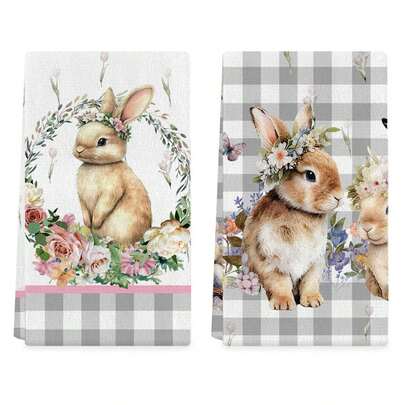 2pcs Easter Dishcloths, Colorful Egg, Rabbit, Floral & Plaid Pattern Towels, Seasonal Spring Decor Hand Towels For Kitchen, Suitable For Drying Hands And Cooking, Machine Washable, Modern Farmhouse Style
