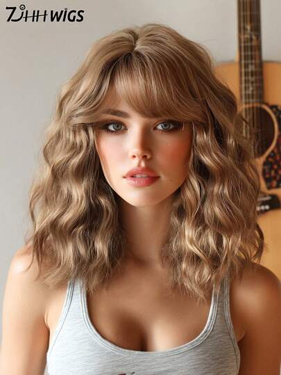 Short Curly Brown Bob Wigs For Women 12 Inch Fluffy Wave Wigs With Side Bangs, Natural Synthetic Heat-Resistant Fiber Hair For Daily Wear, Festival Party Use Valentine's Day Wigs Accessories