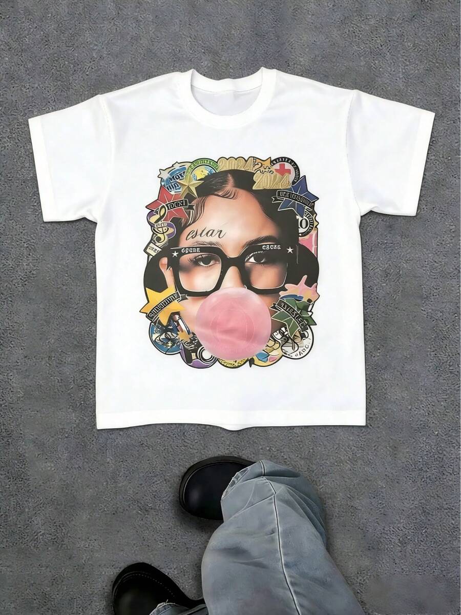 Loose Plus Size Y2K Style Fashion Star Pattern T-Shirt Harajuku Hip-Hop Street Clothing, Retro Letter Print Round Collar Short-Sleeved T-Shirt, Unisex T-Shirt, Hip-Hop Street Regular Fit Casual Sports T-Shirt - Trắng 1 - Xem 1
