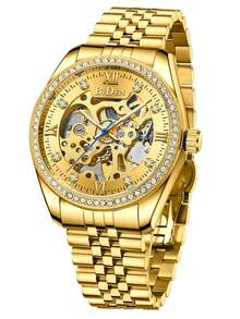 BIDEN 1 件男士腕表，自动机械商务休闲腕表，防水夜光不锈钢表带，男士钻石镂空腕表 - 均碼 - 查看 3